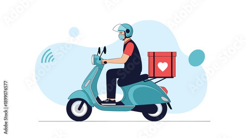 Food delivery driver wearing a mask and helmet riding a blue scooter with a red thermal bag featuring a white heart on the back.