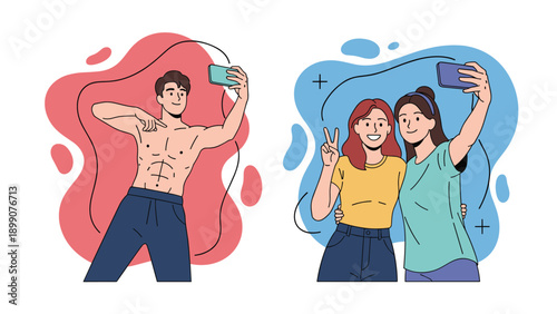 Two panels showing people taking selfies including a fit man at the gym and two friends smiling together against colorful abstract backgrounds.