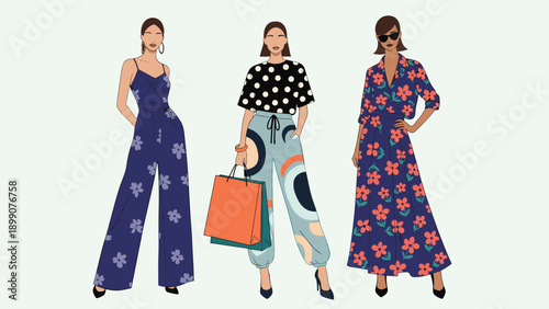 Three stylish women standing together wearing different colorful summer outfits including jumpsuits dresses and patterned pants with shopping bags.