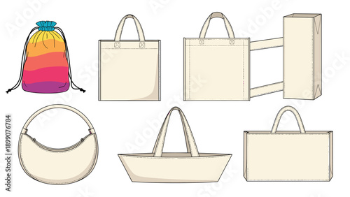 Diverse set of white and colorful tote bags including a rainbow drawstring bag and various handle styles for merchandise and shopping mockups.
