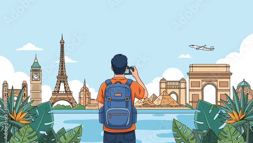 Back view of a male traveler with a backpack taking a photo of world famous landmarks across a body of water in a lush tropical setting.