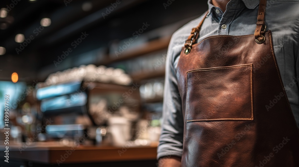 Fototapeta premium Barista stands at coffee shop counter wearing a brown apron while preparing drinks for customers in the morning