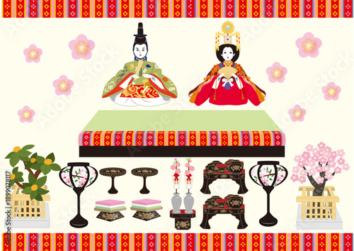 おひなさま道具揃え ベクター イラスト 桃の節句