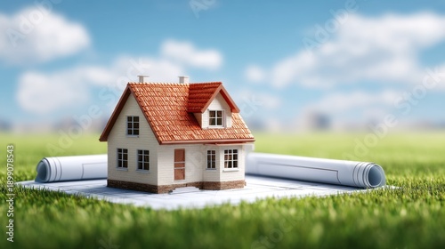 Wallpaper Mural 3D Rendering of Detailed House Model on Blueprint in Lush Landscape with Clear Blue Sky and Fluffy Clouds Torontodigital.ca