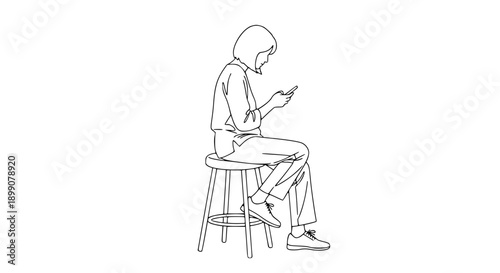 line art of a person sitting on a stool and using a smartphone, line art design