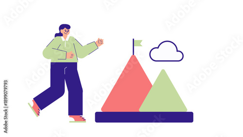 A young woman pointing toward a mountain peak with a flag representing business goals and achievements