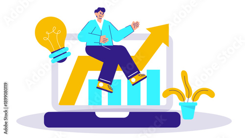 A businessman sitting on a laptop screen presenting innovative growth ideas with a rising arrow and lightbulb symbol