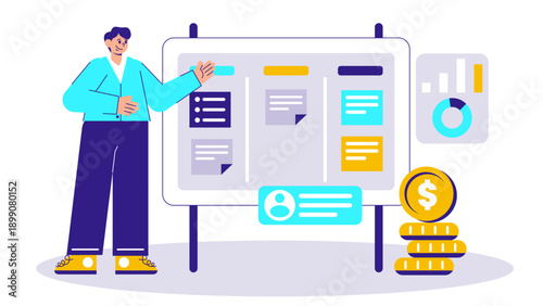 A professional presenting a detailed business plan on a whiteboard with financial icons and task lists