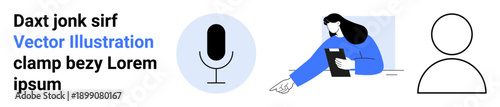 Communication, teleconferencing, digital tools, online education, user profiles, content creation. Microphone, person icon and woman with clipboard in blue outfit. Communication and teleconferencing