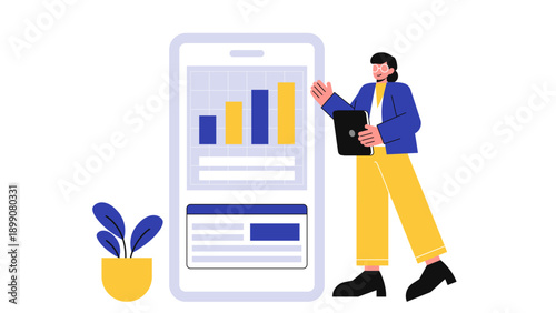 A professional woman analyzing financial growth charts and data on a large smartphone screen representing mobile business intelligence