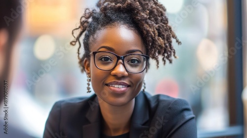 Smiling African Woman Wearing Glasses in Dark Blazer Indoor Portrait