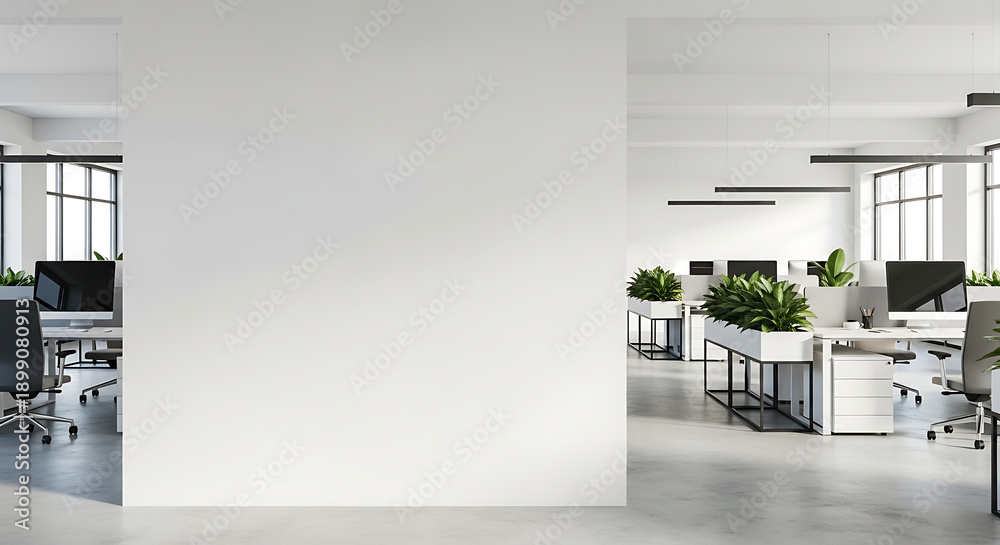 Fototapeta premium Minimalist modern open office interior featuring blank white wall concrete floor green plant wooden workspace desk professional industrial architectural design studio workspace layout