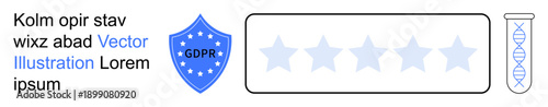 Data privacy, rating systems, GDPR security, DNA analysis, digital compliance, information protection. A GDPR badge, star rating scale and DNA helix symbol. Data privacy and rating systems concept
