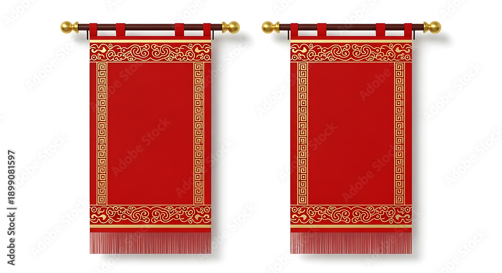 Fototapeta premium Two red banners with gold trim and fringe