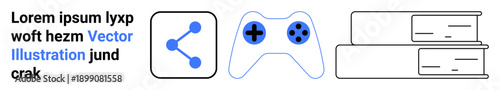 Digital learning, social media, online gaming, technology trends, virtual collaboration, hobbies. Blue icon of social sharing, gaming controller stacked books. Digital learning and social media