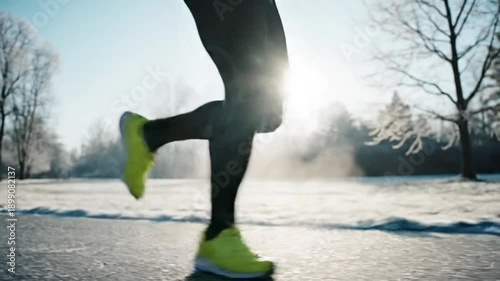 Person Running in Snowy Landscape Fitness Activity.
