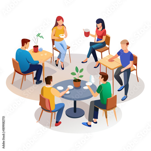 Tiny people at cafe, coffeehouse or espresso bar. Men and women sitting at tables, drinking coffee or tea, eating desserts and talking to each other. Vector illustration in flat cartoon style.
