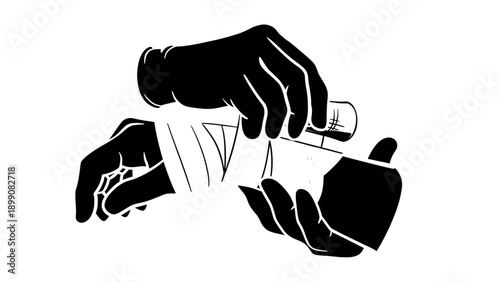 Vector silhouette illustration of hands applying a bandage for first aid treatment. Perfect for medical education, safety instructions, and healthcare-related designs.