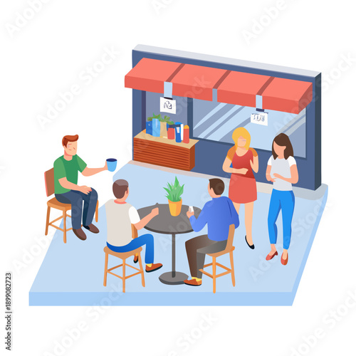 Tiny people at cafe, coffeehouse or espresso bar. Men and women sitting at tables, drinking coffee or tea, eating desserts and talking to each other. Vector illustration in flat cartoon style.
