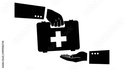 Silhouette vector illustration of a first aid kit being handed from one person to another. Suitable for emergency assistance concepts, healthcare visuals, and safety communication.