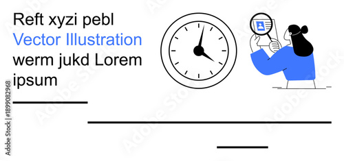 Time management, data analysis, productivity, deadlines, process optimization, business tasks. Woman holding magnifying glass near clock and text. Time management and data analysis concepts