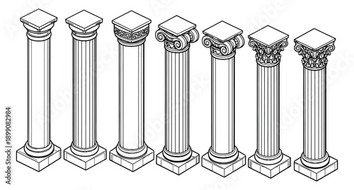 Isometric line art classical column set featuring doric, ionic and corinthian architectural orders for design projects