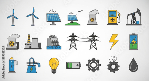 Energy industry icons set renewable and fossil fuels.