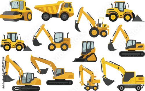 Construction machinery vector illustration set showing excavators loaders bulldozers dump trucks and road rollers for industrial building projects