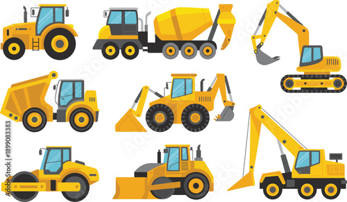 Construction machinery vector set featuring excavator bulldozer loader dump truck concrete mixer tractor roller isolated icons for building engineering industry