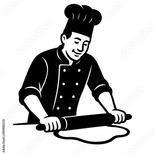 Young Cartoon Chef Leaning Over Table Rolling Dough with Both Hands in Kitchen Black Vector Design
