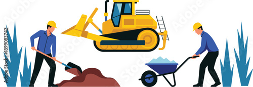 Construction workers illustration showing bulldozer earthmoving with manual labor teamwork, excavation process and heavy machinery at modern building site