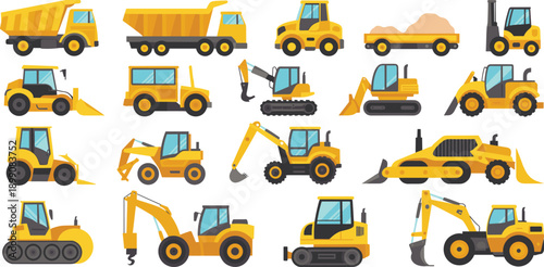 Construction vehicles vector set featuring excavators bulldozers loaders dump trucks heavy machinery equipment isolated flat illustration for engineering industry projects