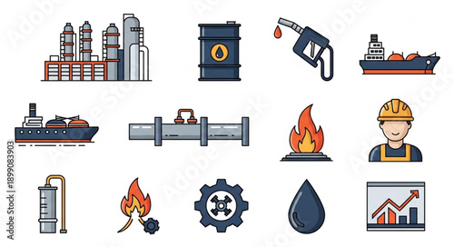 Collection of industrial and energy related icons and illustrations.