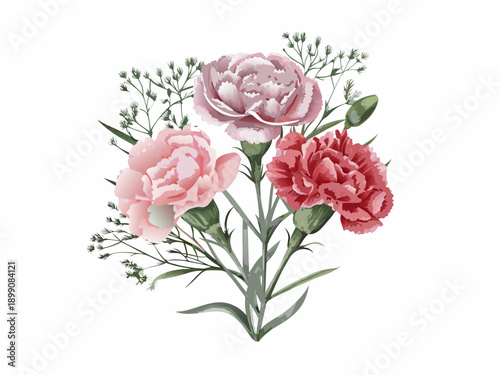 A delicate floral arrangement featuring three vividly colored carnation blooms