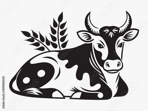 A reclining cow illustration with wheat stalks depicted in black and white