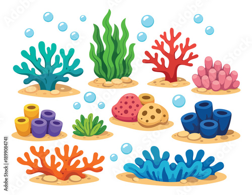 Cute cartoon marine life elements set featuring colorful corals, seaweeds, and bubbles for underwater scene design