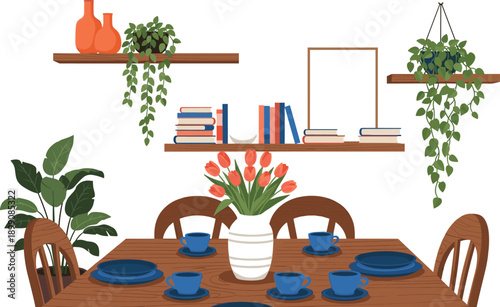 Cozy dining room illustration with wooden table chairs shelves books plants tableware flowers modern home interior vector design decor scene