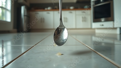 octet. Silver spoon falling on kitchen floor with motion blur and natural light. menu design, packaging mockups, designed for culinary blogs and recipe cards for restaurants, used by web designers.
