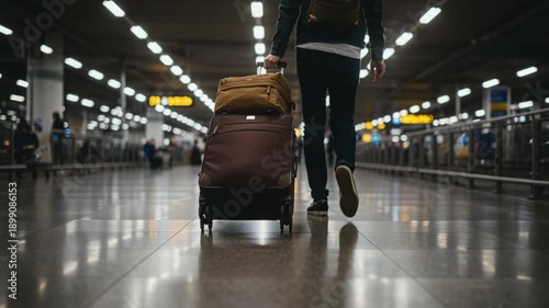 Person Walking with Luggage in Indoor Terminal Slow Motion