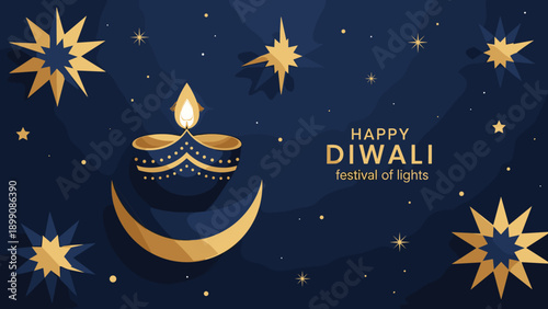 Elegant Diwali festival illustration with glowing diya lamp, golden stars, deep blue night background, festive lights celebration design for holiday greetings