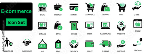 Silhouette vector of E-commerce icon set. Solid icon of shop, shopping cart, testimonials, shipping, sale, delivery, fashion and more.