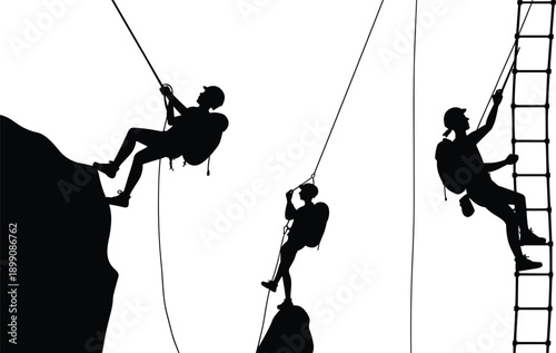 Rock climbing silhouette illustration showing climbers rappelling and ascending cliffs and ladder, adventure sport concept, mountaineering activity, black vector isolated on white