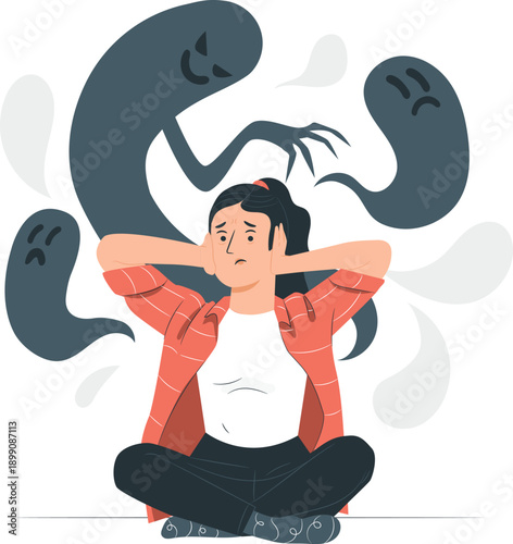 A young woman meditates amidst swirling dark emotions, illustrating mental turmoil and the struggle for inner peace in a serene environment from a front viewpoint.