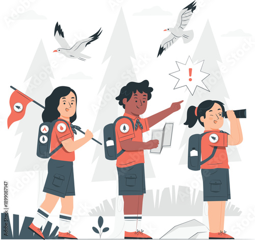 Group of young hikers with backpacks and flags standing in a forest landscape with birds flying overhead