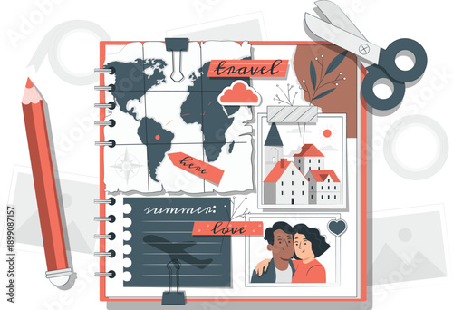 Couple planning travel adventure together with map and journal, pencil and scissors nearby, creative travel planning scene from above