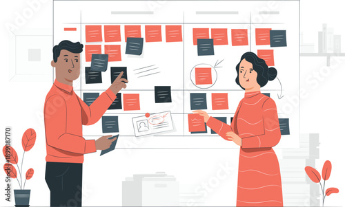 Two professionals collaborating on a project using sticky notes on a large whiteboard in a modern office environment from a slightly angled viewpoint