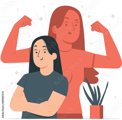 Woman standing confidently with crossed arms in front of a larger flexing female figure illustration