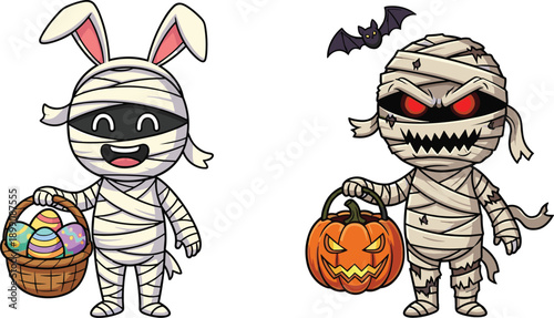 Cute and scary cartoon mummy characters with Halloween pumpkin, Easter egg basket, festive mixed holiday illustration combining spooky and cheerful themed artwork