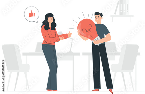 Man and woman interacting with a large thumbs up symbol in a modern office setting