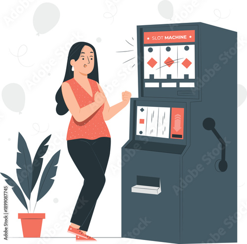 A happy woman celebrating a win at a slot machine in a casino environment viewed from the side